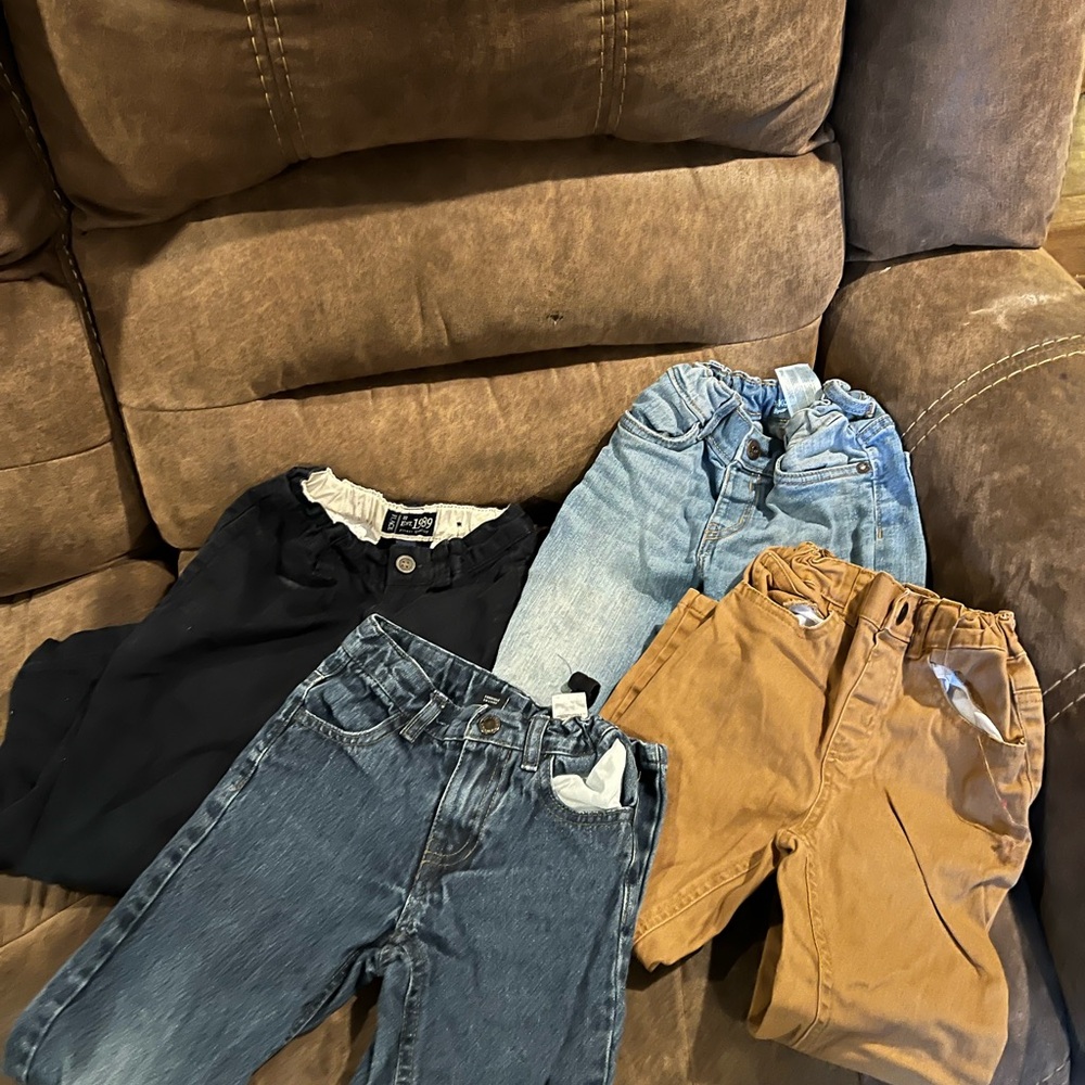 Lot of 4  4T Kids Pants - navy , Light Blue, Denim, Tan Jean like